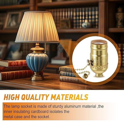 4 Pcs Pull Chain Lamp Socket Replacement, E26 Standard Threaded Base, Light Socket with Pull Chain, Lamp Parts for Repair (Gold)