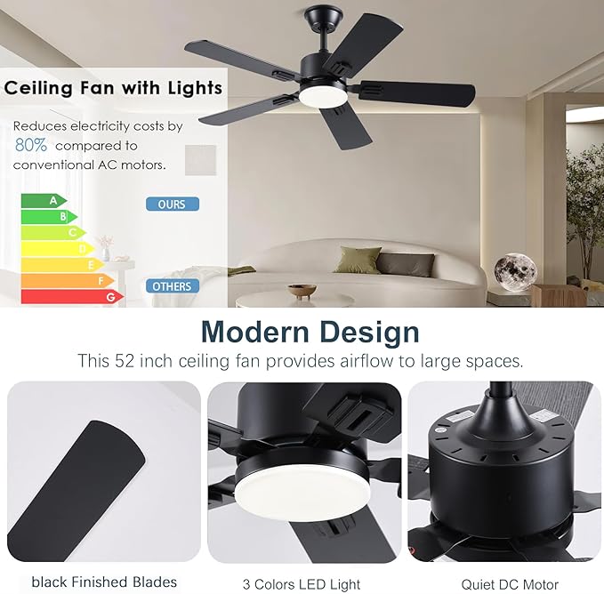 42 inch Modern Ceiling Fans with Lights APP/Remote Control, Low Profile Reversible 6 Speeds Ceiling Fan Light for Indoor/Outdoor Patio Bedroom Living Room,Black