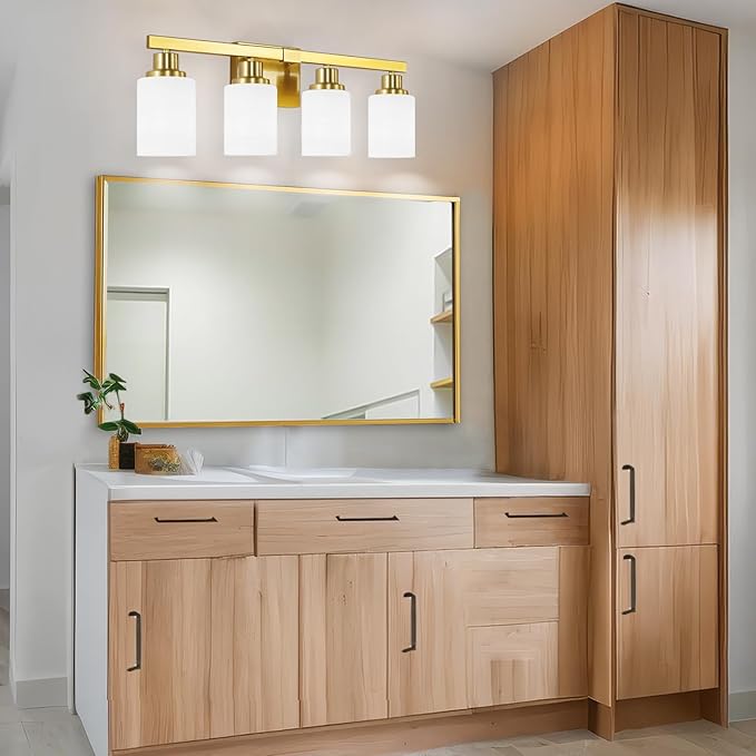 4-Light Gold Vanity Light, Modern Gold Bathroom Light Fixtures Over Mirror with Milky White Glass Shade, Bath Wall Mount Lights Wall Lamp for Mirror Bedroom, Living Room Hallway Kitchen