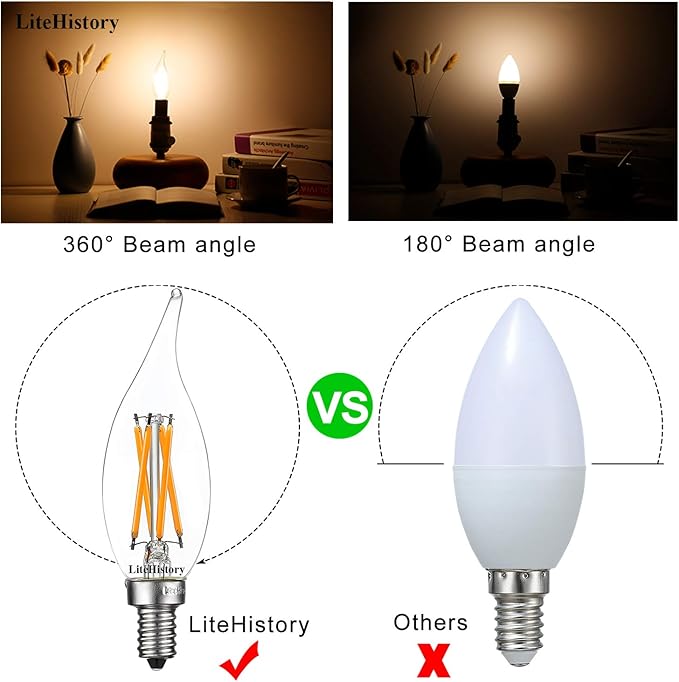 LiteHistory E12 led Bulb Dimmable 6W Equal 60 Watt LED Light Bulbs 2700K AC120V led Edison Bulb CA10 CA11 led Candelabra Bulb for Chandelier Light Bulbs and Ceiling Fan Light Bulbs 600LM Clear 12Pack