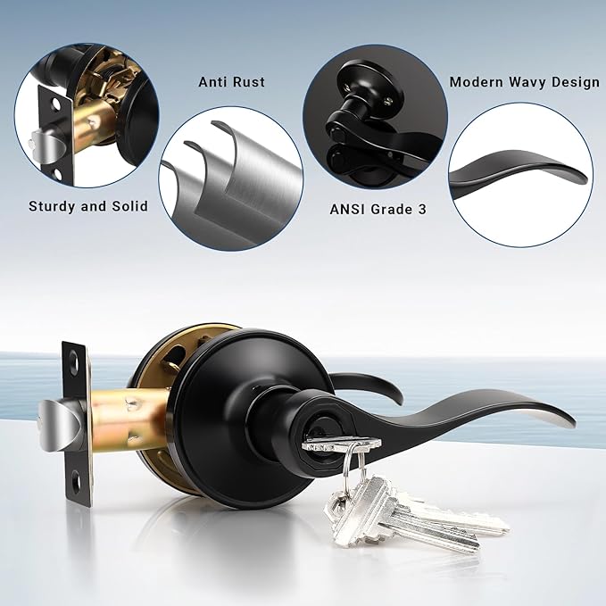 Knobonly 3 Pack Keyed Bathroom/Bedroom Door Lock, Matte Black Front Door Handle, Exterior Door Handle, Different Key for Each Pack, Zinc Alloy