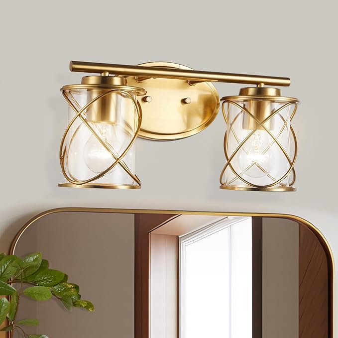 mavcadonf 2-Lights Bathroom Vanity Lights, Bathroom Light Fixtures Over Mirror, Brushed Gold Vanity Light, Farmhouse Wall Lights with Clear Glass Shade, Bathroom Wall Lamp for Mirror Kitchen Bedroom