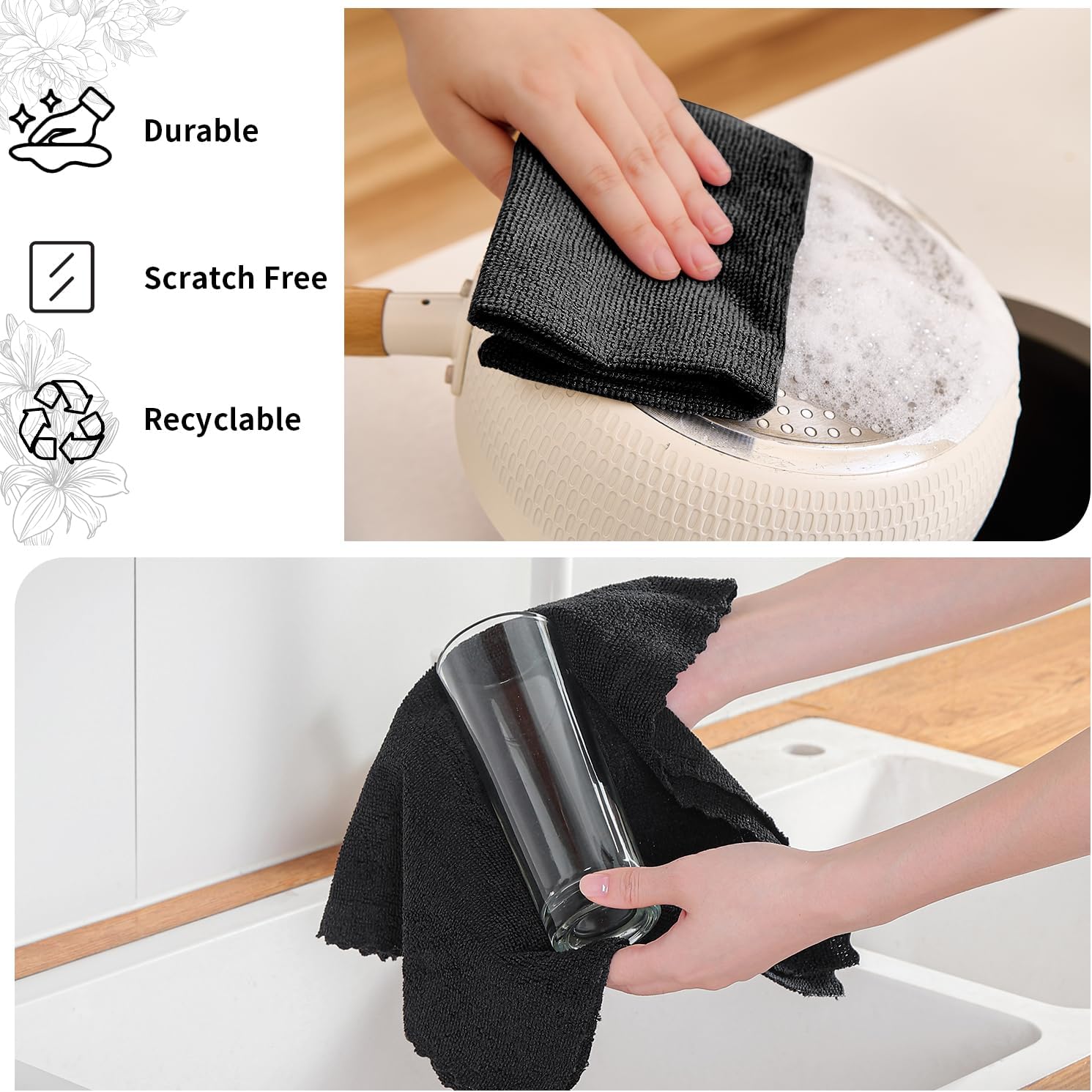 80 Pack Microfiber Cleaning Cloth Roll,Lint Free Rags & Tear Away Reusable Towels Washable Scratch,Ultra Absorbent Dish Rags(12" x 12") for Car Kitchen Home Garage-Black