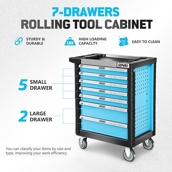 DNA MOTORING 7-Drawer Rolling Tools Chest, Rolling Tool Storage Cabinet, Heavy Duty Mechanic Tool Cart, Trolley Organizer for Garage, Warehouse, Workshop, Blue, TOOLS-00482