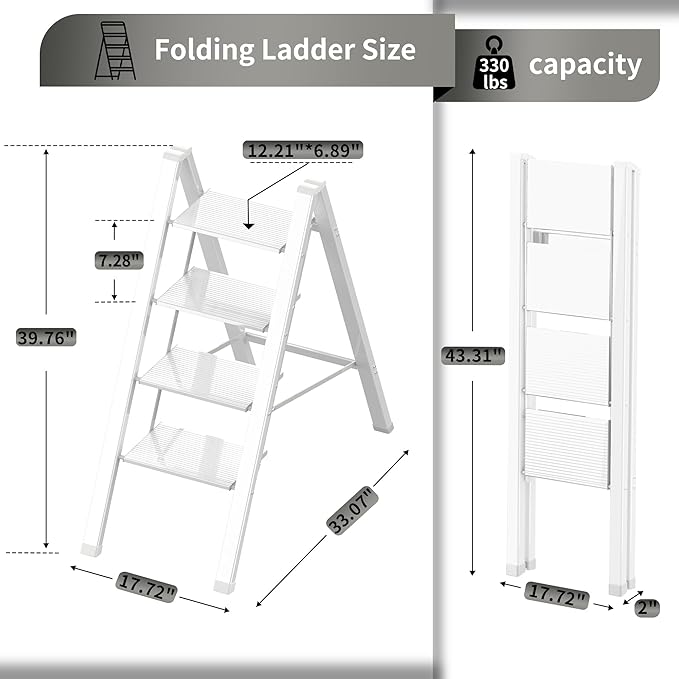 4 Step Ladder, Portable Folding, Lightweight Step Ladder with Anti-Slip Pedal, Aluminum Indoor Ladder and Closet, Kitchen, 330lbs - White