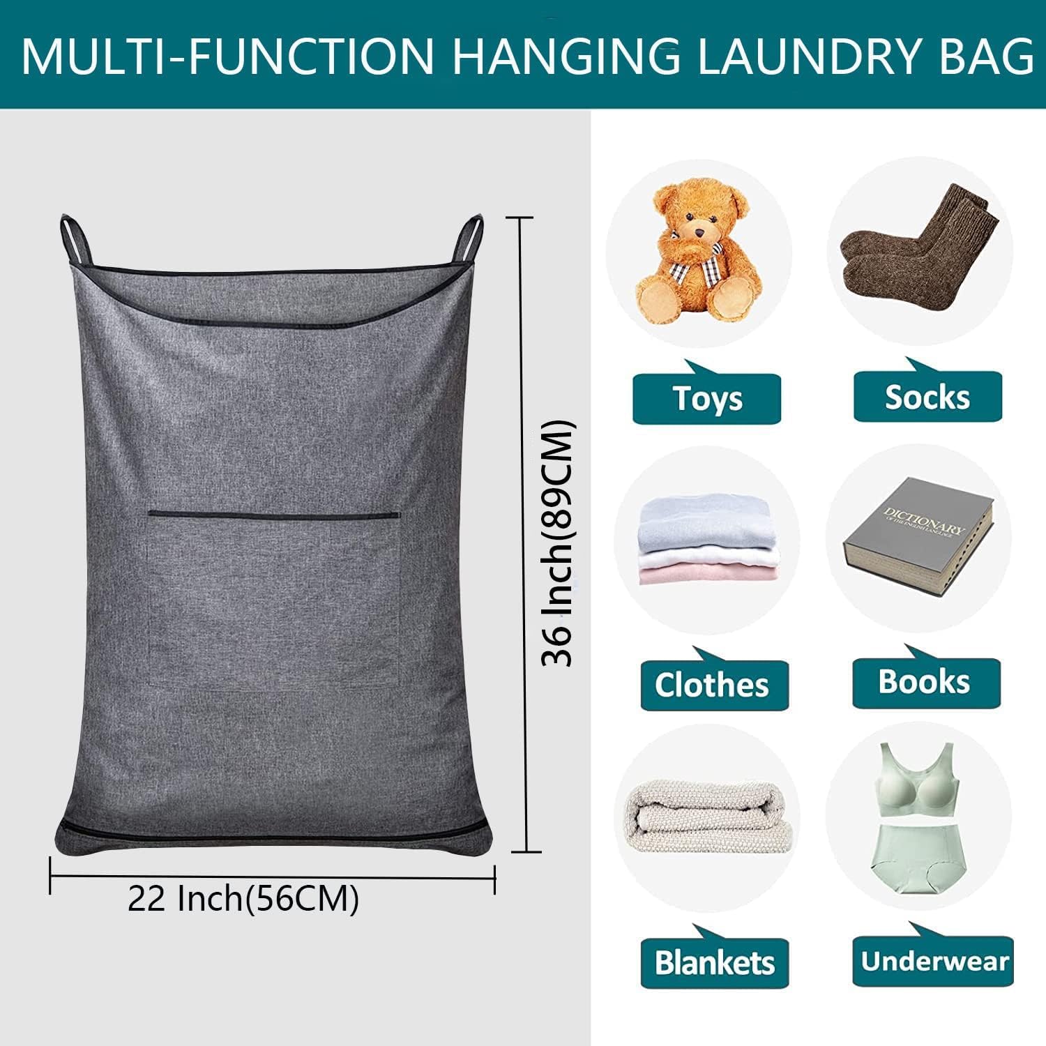 XL Hanging Hamper, Over The Door Hamper with Free Hanging Hooks, Space Saving Over Door Laundry Bag and Laundry Basket for Storage, 2 Pack, (36x22Inch Pop Heather Grey)
