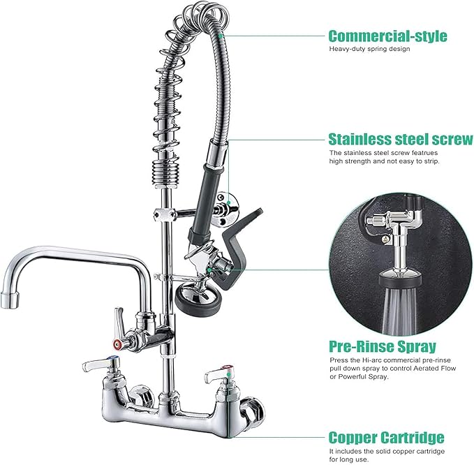 Commercial Wall Mount Kitchen Sink Faucet Brass Constructed Polished Chrome Pre-Rinse Device 25" Height 8" Center with Spring Pull Down Sprayer and 12" Add-on Spout (25 inches)