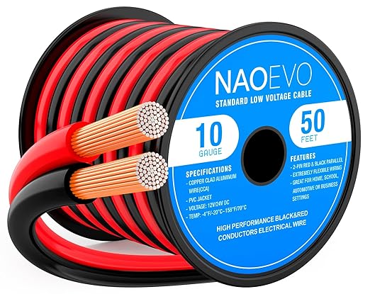 NAOEVO 10 Gauge Wire 50FT, 2 Conductors Electrical Wire Red Black Cable, Flexible/Low Voltage/PVC 10 AWG Copper Clad Aluminum Extension Cord for Speaker, LED Strips, Automotive 12V/24V DC