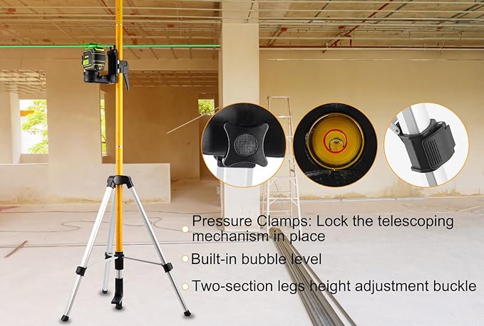 Laser Level Pole, Firecore Upgraded 12 ft. Telescoping Laser Pole with Tripod and Multifunctional Mounting Clamp, Adjustable Bracket with 1/4"-20 Laser Mount for Rotary and Line Laser Level- FLP370CX