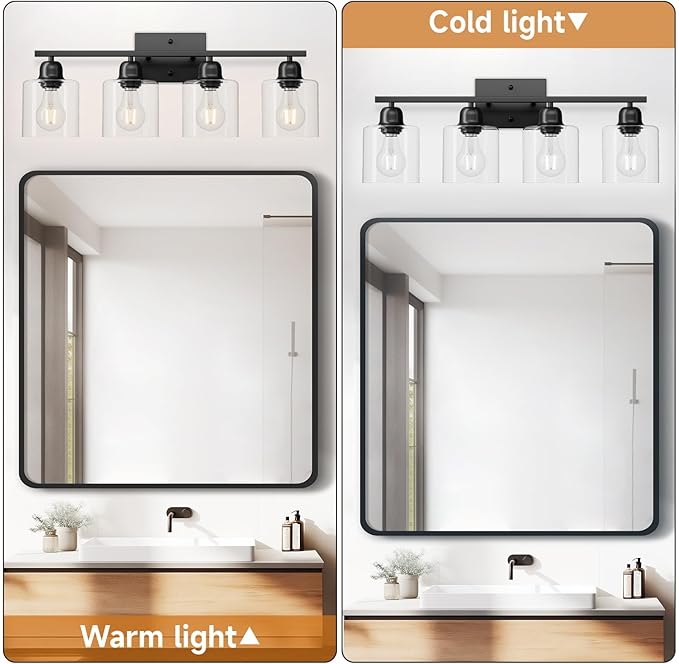 Modern 4 Light Bathroom Light Fixtures, 24 inch Bathroom Vanity Light with Clear Glass for Mirror Kitchen Living Room Hallway Cabinet Porch