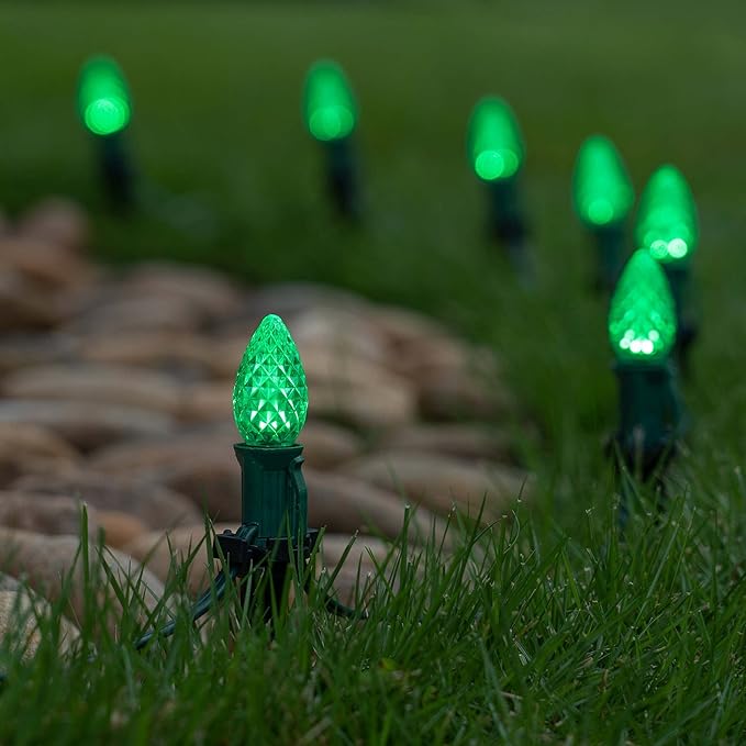 Wintergreen Lighting 25 Pack OptiCore C7 LED Christmas Light Bulbs - Heavy Duty Premium Outdoor Christmas Lights, E12 Base (Green Faceted)