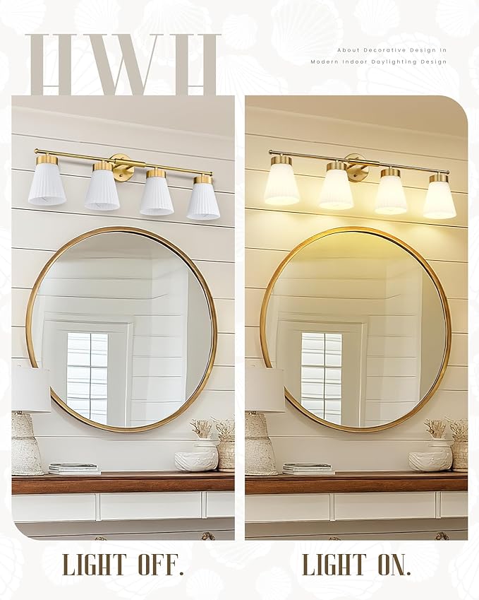 Bathroom Light Fixtures Brushed Gold, HWH 4 Light Vanity Lights Over Mirror, Modern Wall Lamp Bathroom Lighting with Frosted White Striped Glass, 5HZG97B-4W BG