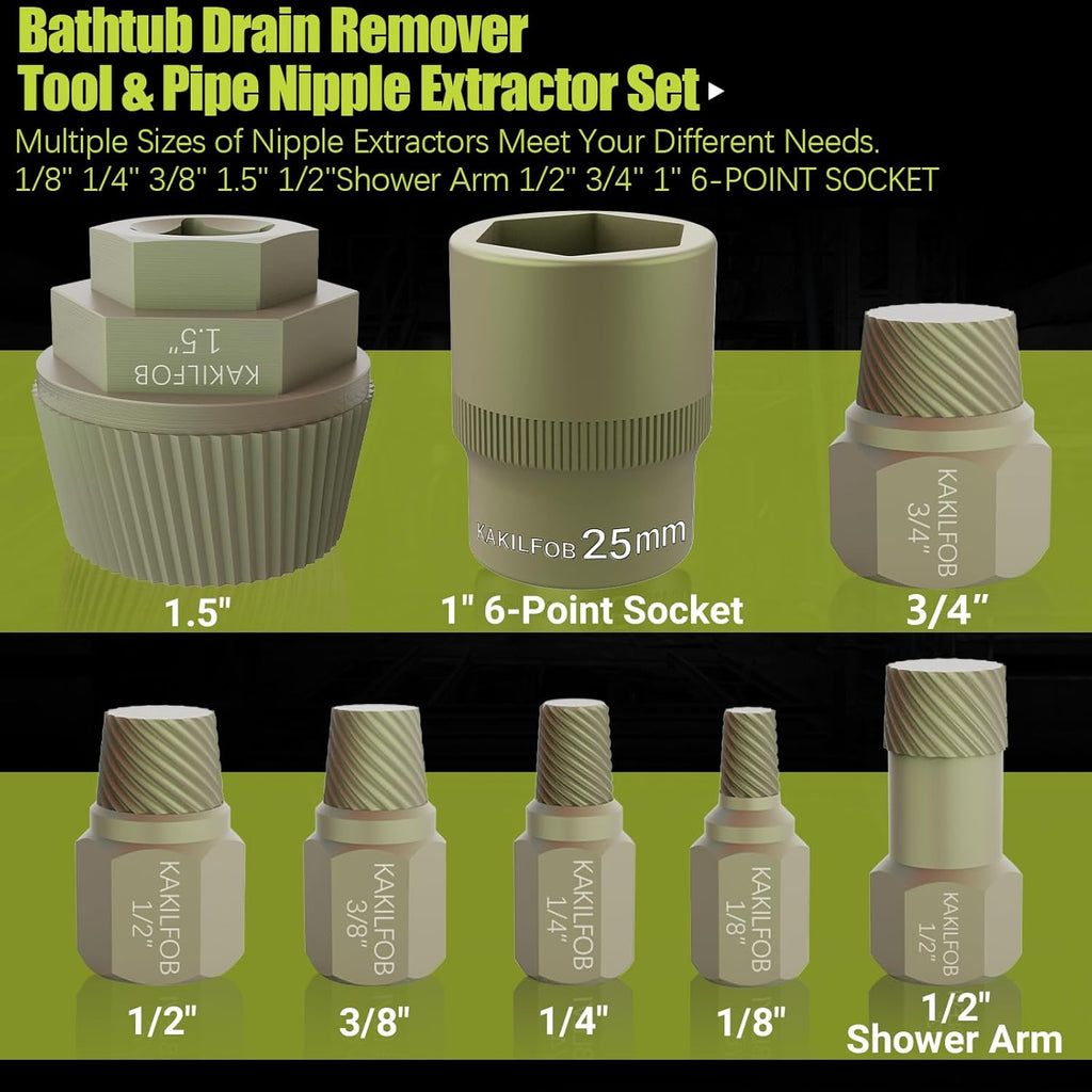 1.5'' Tub Drain Extractor, 8PCS Pipe Nipple Extractor Set with 1-inch Socket, Remove the Old, Broken, Stubborn, Rusted Drain Tub Bathtub Stopper, Strong Grab Plumbing with Storage Case