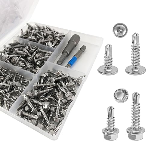 QSJ 200PCS #8 Sheet Metal Screws Set 410 Stainless Steel Fast Self Tapping Screws with Screwdriver Bit Silver