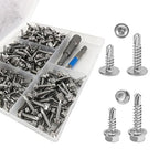 QSJ 200PCS #8 Sheet Metal Screws Set 410 Stainless Steel Fast Self Tapping Screws with Screwdriver Bit Silver