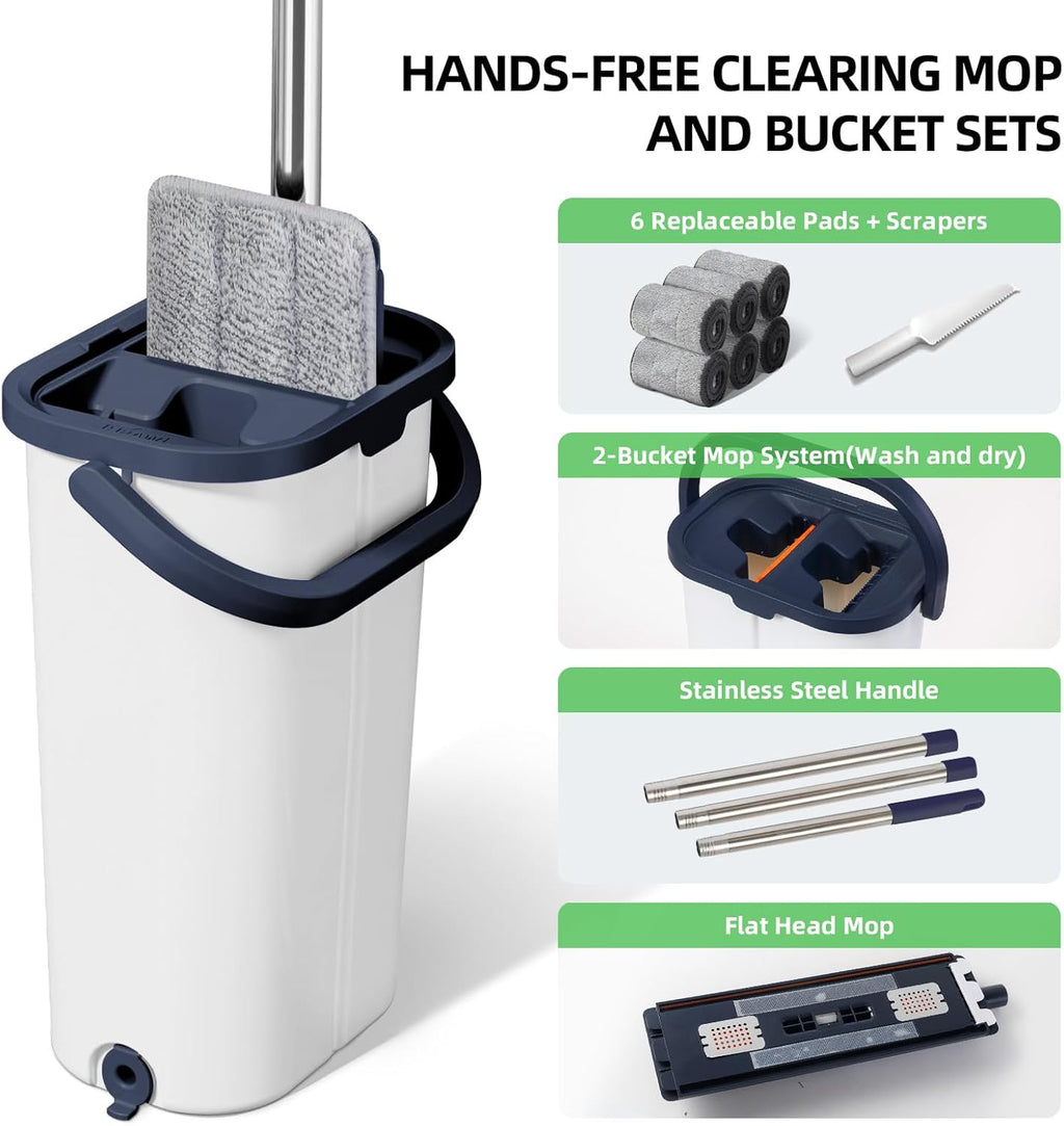 Mop and Bucket Set with Wringer for Home, 360° Flat Squeeze Mop with Long Handle and 6 Microfiber Cloths for Floor Cleaning (White+Blue, Square Bucket and 15.7'' Mop Head)