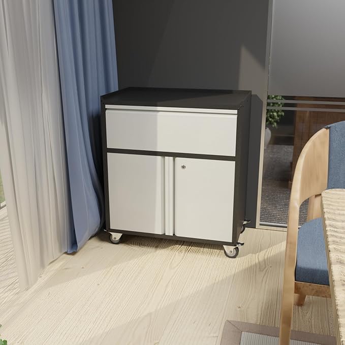 Rolling Garage Storage Cabinet with Door and Drawer, Lockable Metal Tool Cabinet on Wheels for Garage, Home, Office, Black & Gray, Assembly Required, (18.11" D x 30.31" W x 35.43" H)