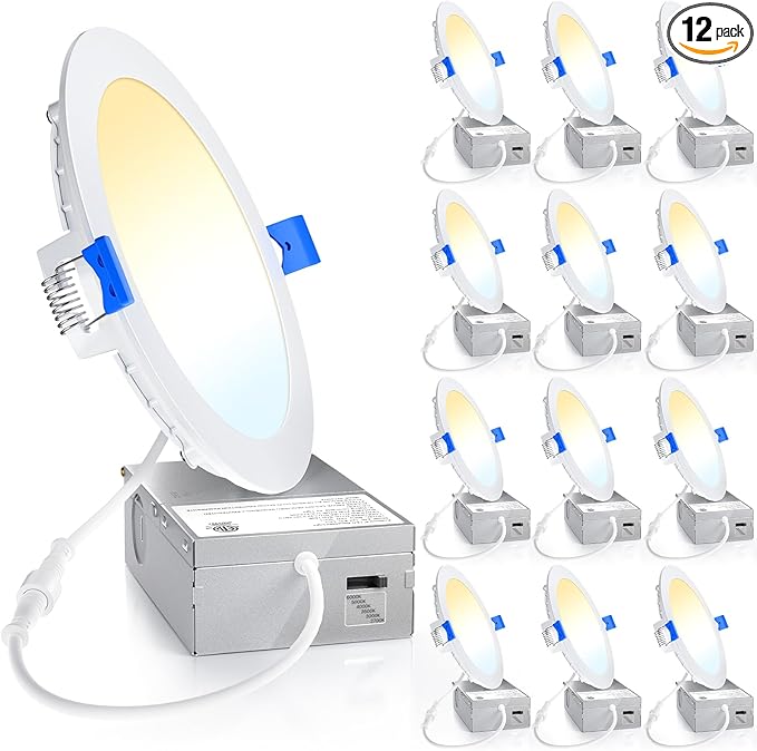 Ensenior 12 Pack 6 Inch Ultra-Thin LED Recessed Light with Junction Box, 2700K-6000K Selectable, 12W 110W Eqv, Dimmable, 1050LM High Brightness - ETL Certified