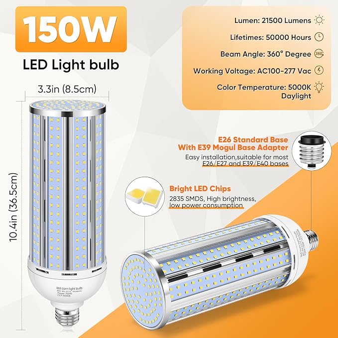 4 Pack 150W Corn LED Light Bulb,Fanless 5000K Daylight(1500 Watt Equivalent) E26/E39 Large Mogul Base LED Cob Lamp 21,500LM for Outdoor Indoor Garage Warehouse Factory Workshop Street Backyard