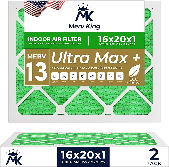 MervKing 16x20x1 Air Filter Actual Size: 15.7" x 19.7" x 0.75" MERV 13 MPR 1500-1900 | MADE IN USA | 2-Pack | Pleated HVAC AC Furnace Replacement