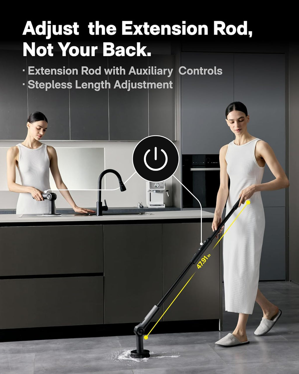 HOTO Flexi™ Cordless Electric Spin Scrubber, Adjustable Angle, Extendable Handle, Smart Display, IPX7 Waterproof, Powerful Cleaning Scrubber with 8 Replaceable Brush Heads, for Bathroom, Tile, Bathtub