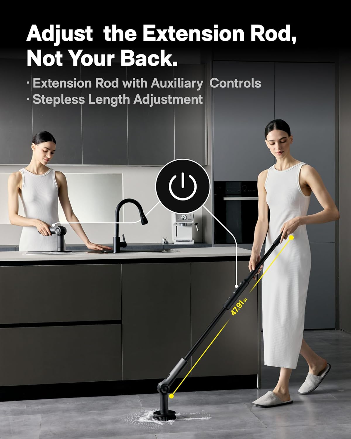 HOTO Flexi™ Cordless Electric Spin Scrubber, Adjustable Angle, Extendable Handle, Smart Display, IPX7 Waterproof, Powerful Cleaning Scrubber with 8 Replaceable Brush Heads, for Bathroom, Tile, Bathtub