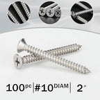 100 PCS #10X2 Stainless Steel Phillips Flat Head Wood Screws,Stainless Steel 18-8 A2(304) Screw,Home Screw Kit by QISHENG