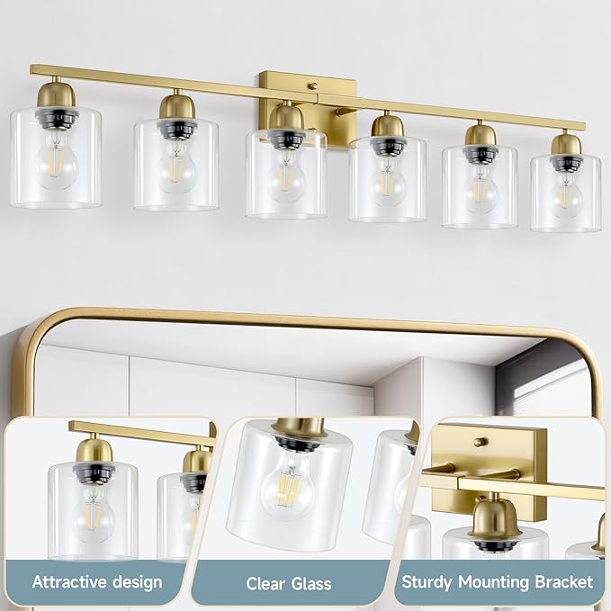 Modern Brushed Gold 6 Light Bathroom Light Fixtures,38 inch Vanity Lights for Bathroom with Clear Glass, Vanity Light for Mirror Kitchen Living Room Hallway Cabinet Porch