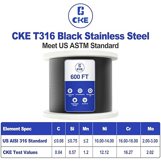 CKE 600FT 1/8" Black Stainless Steel Cable for Railing, T316 Stainless Steel Marine Grade Wire Rope for Deck Cable Railing Kit,1850lbs Breaking Strength 7x7 Strand Aircraft Cable DIY Balustrade, BCW6