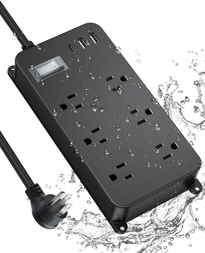 Outdoor Power Strip Weatherproof,20W USB C Port,Waterproof Extension Cord Multiple Outlet Surge Protector,6 Outlets,3 USB Ports,6ft Cord