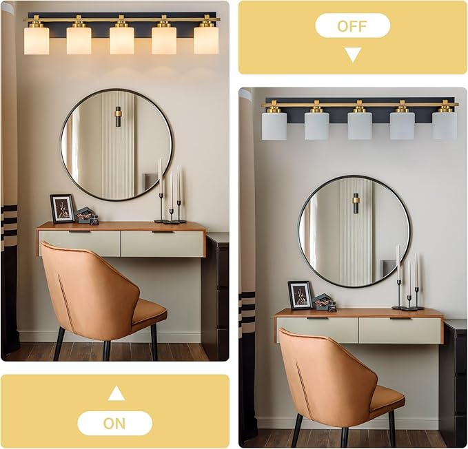 5 Light Modern Bathroom Light Fixtures Over Mirror, Black Gold Vanity Lights for Bathroom Wall Sconces with Milky White Glass Shades, E26 Socket (Bulbs Not Included)