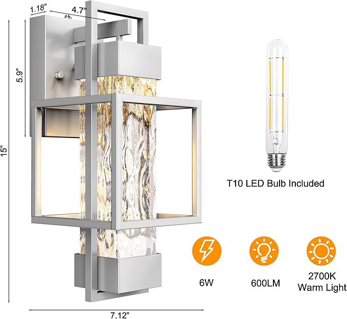 PARTPHONER Modern Outdoor Light Fixtures Dusk to Dawn Outdoor Lighting 2 Pack, 15" Exterior Wall Sconce Waterproof Outside Porch Light for House with Water Glass for Garage Doorway Silver