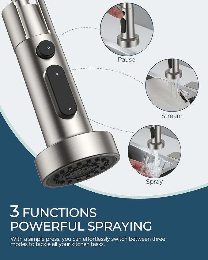 FORIOUS Kitchen Faucet with Soap Dispenser, Burhsed Nickel Stainless Steel Single Handle Modern Spring Commercial Sink Faucet with Pull Down Sprayer for Laundry & Utility Room RV Camp Bar Farmhouse