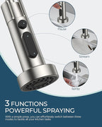 FORIOUS Kitchen Faucet with Soap Dispenser, Burhsed Nickel Stainless Steel Single Handle Modern Spring Commercial Sink Faucet with Pull Down Sprayer for Laundry & Utility Room RV Camp Bar Farmhouse