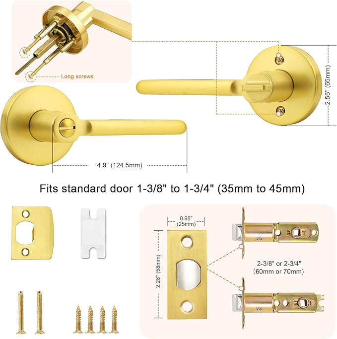 Probrico Gold Door Lever Privacy Door Handle Brushed Gold Door Handles Interior for Bed Bath, Keyless Door Handle Wave Style, 1 Pack