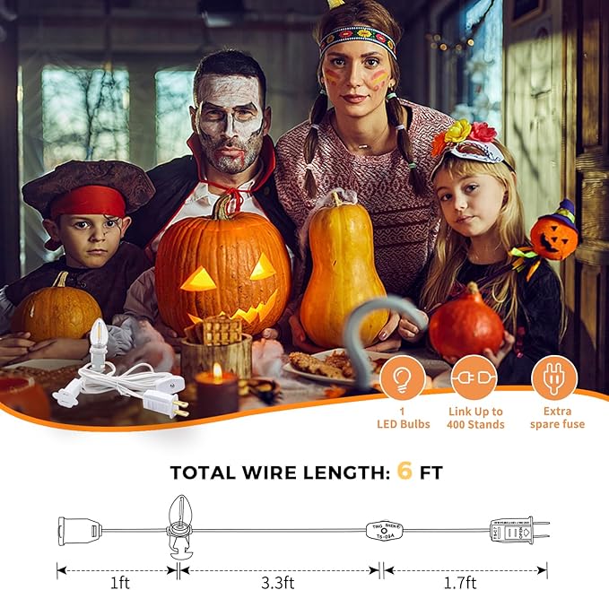 KGC 2 Pack Chainable Accessory Cord with C7 LED Light Bulb, 6 Ft Indoor Blow Mold Light Cord with Male and Female Plugs for Halloween Pumpkins Christmas Village Houses and Craft Projects Decoration