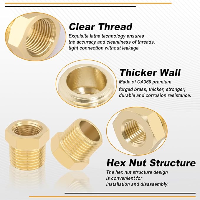 KOOTANS 4pcs Heavy Duty 1/2 NPT Male Thread to 3/8 NPT Female Thread Brass Reducer Hex Bushing Brass Fitting Pipe Hose Tube Adapter Convert