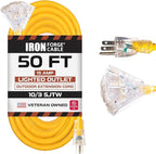 Iron Forge Cable 10 Gauge 50ft Lighted Outdoor Heavy Duty Extension Cord with 3 Outlets - 15 Amp 10/3 SJTW Yellow Extension Cord with Multiple Outlets