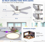 52" RGB Ceiling Fan with Light and Remote/App - Flush Mount Ceiling Fan Light with Reversible Mute Motor, RGB Ring, 5 Dual-Sided Blades, Low Profile Ceiling Fans for Indoor, Party