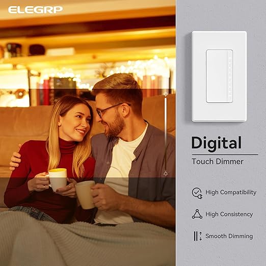 ELEGRP Dimmer Switch, Digital Dimmer Light Switch for LED Lights 150W, INC/HAL 450W, 3 Way LED Dimmer Switch, Needs Neutral Wire, Wall Plate Included, UL Listed, 1 Pack, Matte White