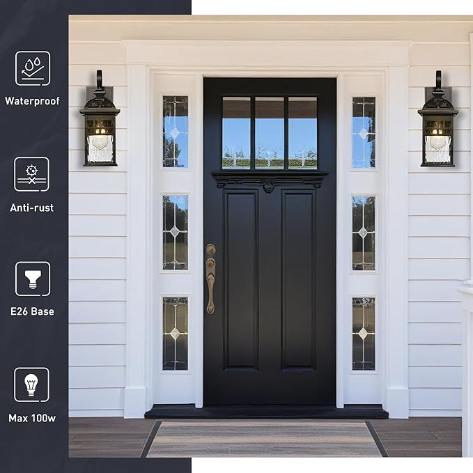 Outdoor Wall Light Exterior Waterproof Wall Sconce Light 22 Inch Height Black Porch Light with Water Ripple Glass E26 Socket