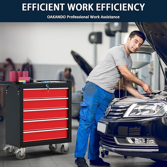 5-Drawer Metal Rolling Tool Chest with Wheels,Tool Storage Cabinet with Locking System，Toolbox with Wheels for Garage, Warehouse, Workshop, Repair Shop (Black&red, 5Drawer)