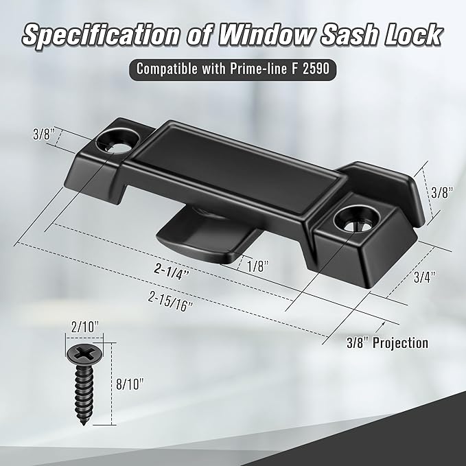 Saillong Replacement Sash Lock Compatible with Prime-line F 2590 for Vertical & Horizontal Sliding Windows, 2-1/4” Mounting Hole Centers, Broken Sash Locks for Additional Home Security(Black,6 Pack)
