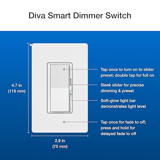 Lutron Diva Smart Dimmer Light Switch 3-Way Kit for Caseta Smart Lighting, w/Plate, Pico Remote, Wallmount Bracket, and Label Stickers, No Neutral Required, DVRF-PKG1D-WH