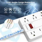 Power Strip Surge Protector, SMNICE Flat Plug Long Extension Cord 10 Ft with 8 Widely Spaced Outlets 6USB(1 USB C) Charging Station, Wall Mount for Dorm Home, Office Accessories,White