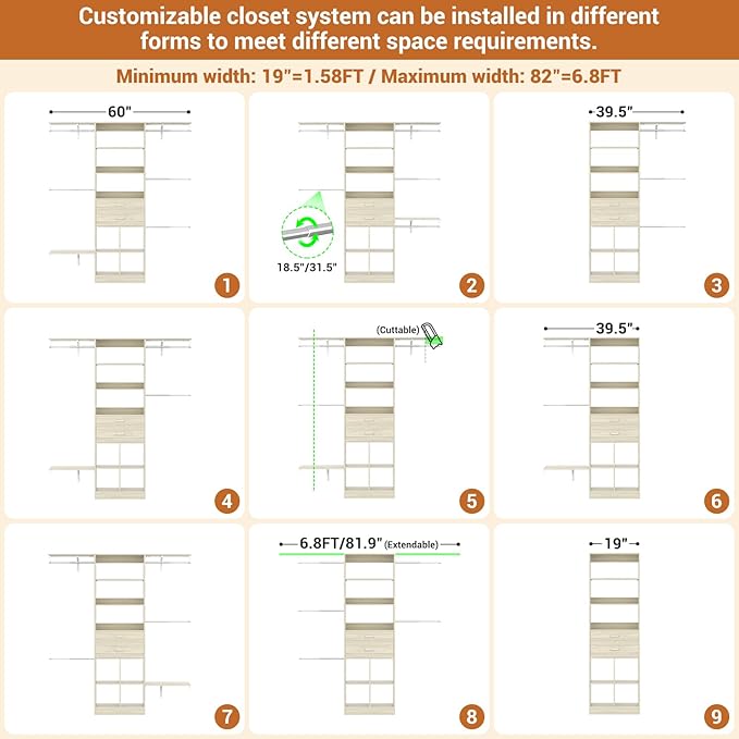 Small Closet System - 5FT Closet Organizer System with Wooden Drawers, 60 Inches Walk In Closet System With 5 Hanging Rods, Can Fit 1.58 to 6.8 FT with Reversible Hanging Shelving, Greige Oak