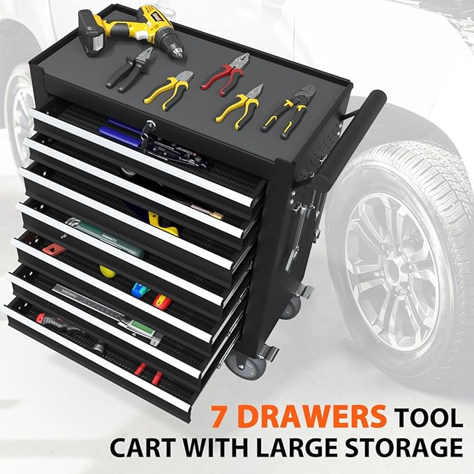 7-Drawer Rolling Tool Chest, Tool Box with 4 Wheels and Drawers, High Capacity Detachable Mobile Tool Storage Cabinet for Garage, Workshop, Mechanics and Repair Room (Black)
