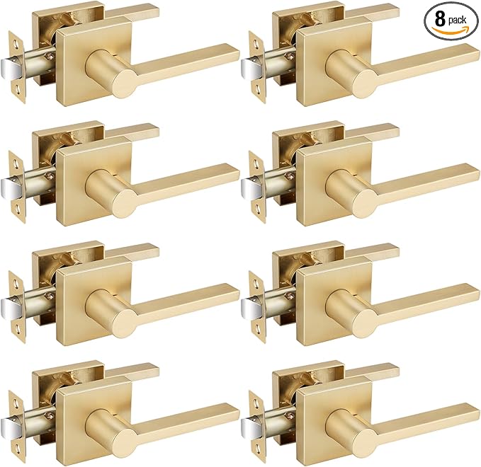 EHOMEWARE 8 Pack Gold Door Handles Door Knobs, Satin Brass Passage Door Lever Interior Door Handle for Hallway/Closet Non-Locking