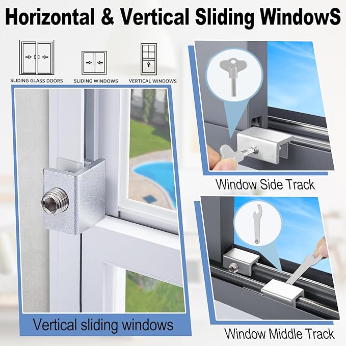 8 Sets Sliding Window Locks for Up and Down Windows,Easy to Install Vertical & Horizontal Window Security Locks,Adjustable Aluminum Window Stopper Lock