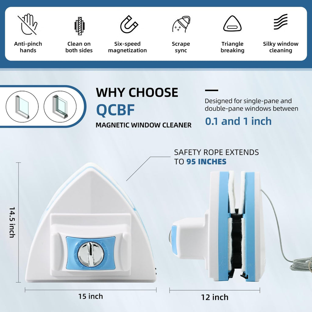 Double-Sided Magnetic Window Cleaner, Adjustable Magnetic Double Window Wiper, Equipment Cleaning Brush Tool, Suitable for 3-30mm Thickness of High-Rise and Automotive Glass Windows (1, Blue)